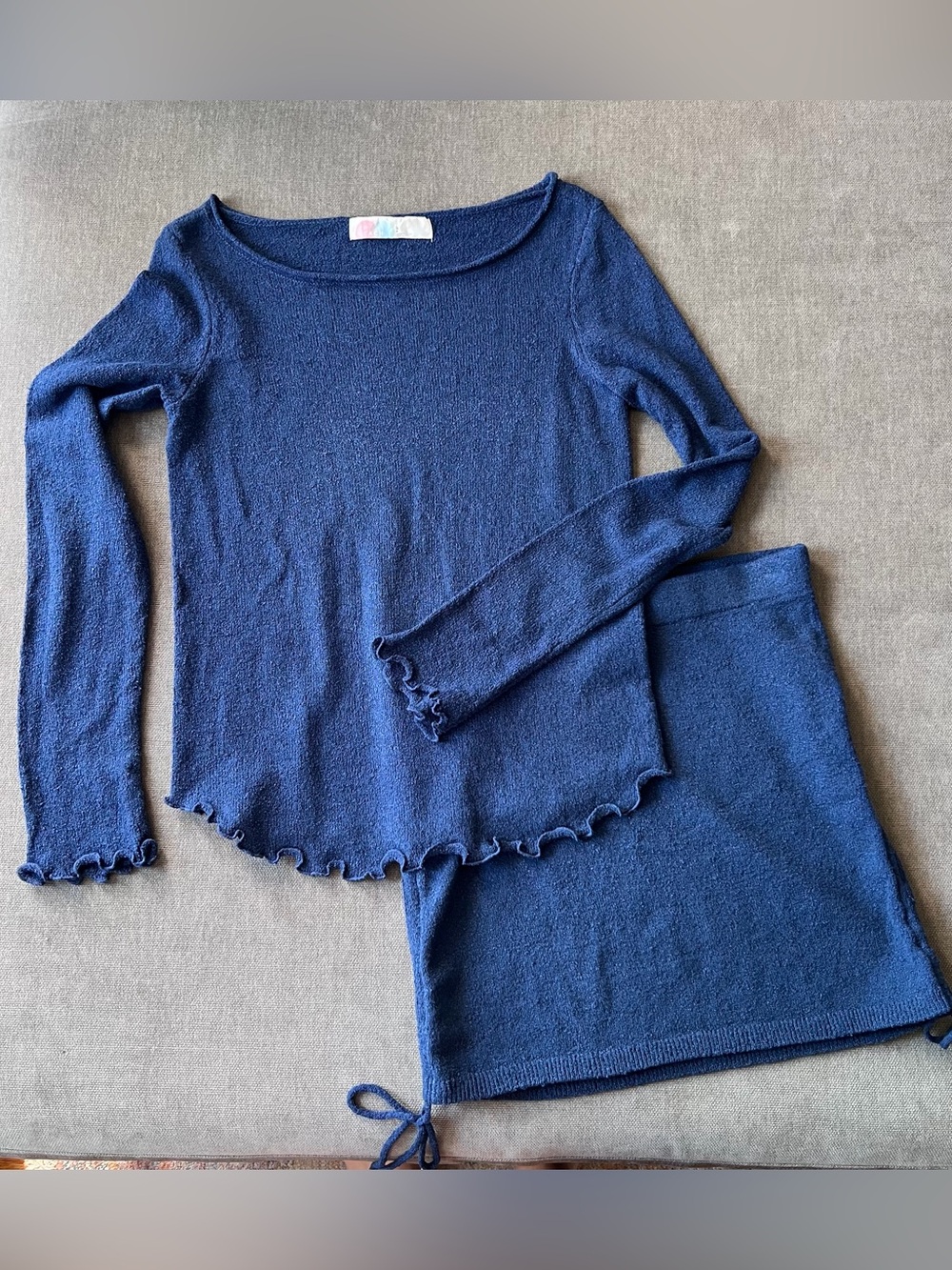 FP Beach Skirt Set Lettuce Trim Long Sleeve Top Mini Skirt Blue S